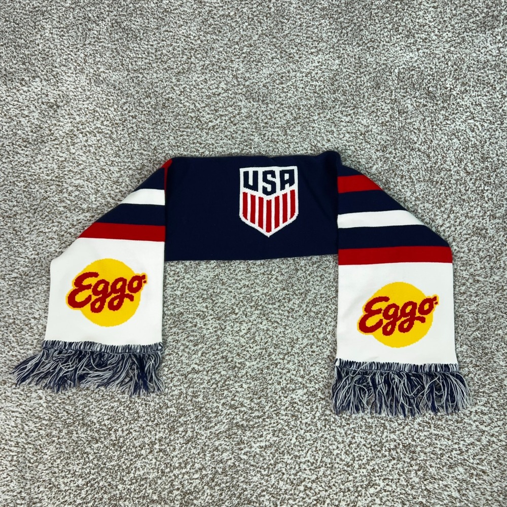 USA Soccer Scarf Mens OS Blue Red White Knit Fringe Fan Gear USA Soccer Logo